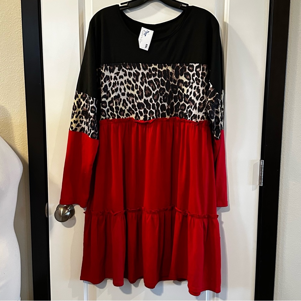 Long Sleeve Cheetah Color Block Midi Ruffle Dress – 2XL | NWT | Black & Red